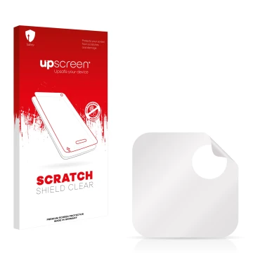 Parte frontal de un envase de producto con el logotipo de la marca upscreen. Al lado está el protector de pantalla correspondi