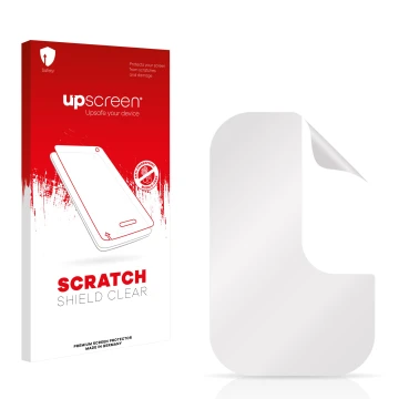 Parte frontal de un envase de producto con el logotipo de la marca upscreen. Al lado está el protector de pantalla correspondi