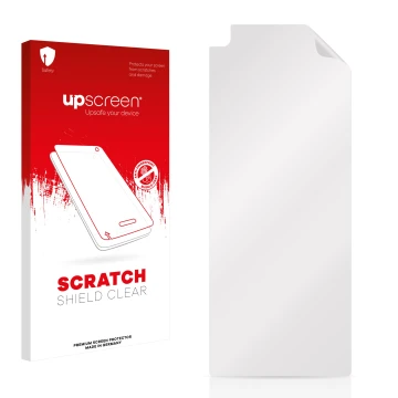Parte frontal de un envase de producto con el logotipo de la marca upscreen. Al lado está el protector de pantalla correspondi