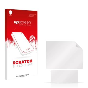 Parte frontal de un envase de producto con el logotipo de la marca upscreen. Al lado está el protector de pantalla correspondi