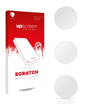 Parte frontal de un envase de producto con el logotipo de la marca upscreen. Al lado está el protector de pantalla correspondi