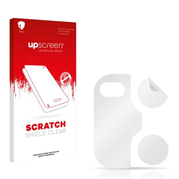 Parte frontal de un envase de producto con el logotipo de la marca upscreen. Al lado está el protector de pantalla correspondi