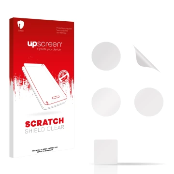 Parte frontal de un envase de producto con el logotipo de la marca upscreen. Al lado está el protector de pantalla correspondi