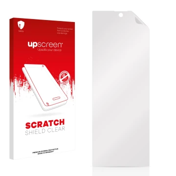 Parte frontal de un envase de producto con el logotipo de la marca upscreen. Al lado está el protector de pantalla correspondi