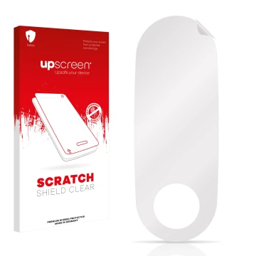 Parte frontal de un envase de producto con el logotipo de la marca upscreen. Al lado está el protector de pantalla correspondi