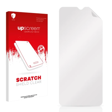 Parte frontal de un envase de producto con el logotipo de la marca upscreen. Al lado está el protector de pantalla correspondi
