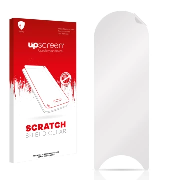 Parte frontal de un envase de producto con el logotipo de la marca upscreen. Al lado está el protector de pantalla correspondi