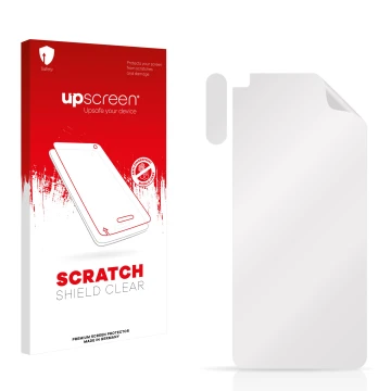 Parte frontal de un envase de producto con el logotipo de la marca upscreen. Al lado está el protector de pantalla correspondi