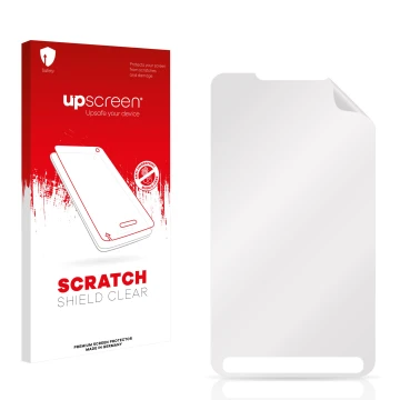 Parte frontal de un envase de producto con el logotipo de la marca upscreen. Al lado está el protector de pantalla correspondi