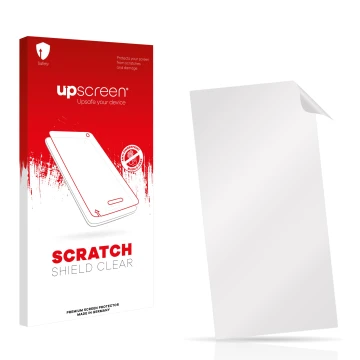 Parte frontal de un envase de producto con el logotipo de la marca upscreen. Al lado está el protector de pantalla correspondi