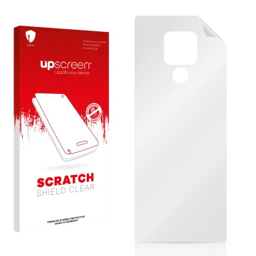 Parte frontal de un envase de producto con el logotipo de la marca upscreen. Al lado está el protector de pantalla correspondi