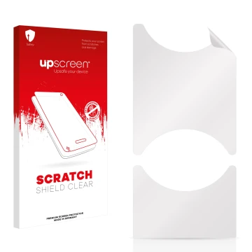 Parte frontal de un envase de producto con el logotipo de la marca upscreen. Al lado está el protector de pantalla correspondi