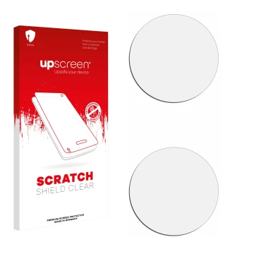Parte frontal de un envase de producto con el logotipo de la marca upscreen. Al lado está el protector de pantalla correspondi