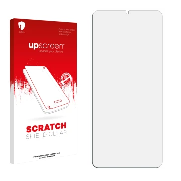 Parte frontal de un envase de producto con el logotipo de la marca upscreen. Al lado está el protector de pantalla correspondi