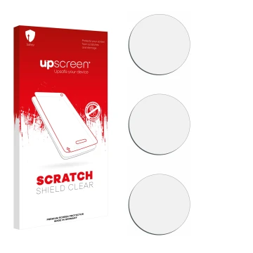 Parte frontal de un envase de producto con el logotipo de la marca upscreen. Al lado está el protector de pantalla correspondi