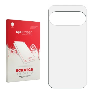 Parte frontal de un envase de producto con el logotipo de la marca upscreen. Al lado está el protector de pantalla correspondi