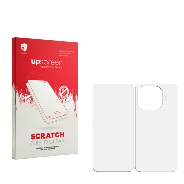 Parte frontal de un envase de producto con el logotipo de la marca upscreen. Al lado está el protector de pantalla correspondi