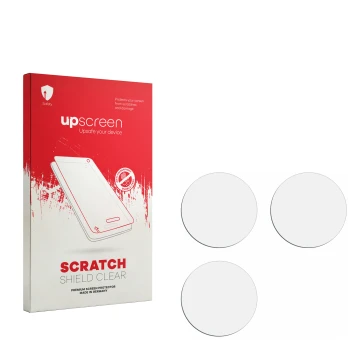 Parte frontal de un envase de producto con el logotipo de la marca upscreen. Al lado está el protector de pantalla correspondi