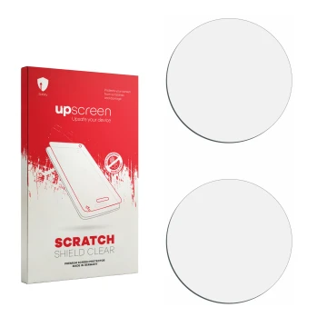 Parte frontal de un envase de producto con el logotipo de la marca upscreen. Al lado está el protector de pantalla correspondi