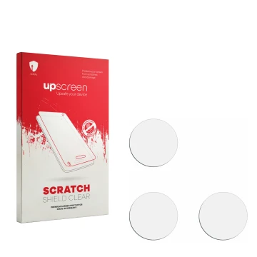 Parte frontal de un envase de producto con el logotipo de la marca upscreen. Al lado está el protector de pantalla correspondi