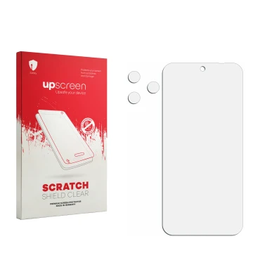 Parte frontal de un envase de producto con el logotipo de la marca upscreen. Al lado está el protector de pantalla correspondi