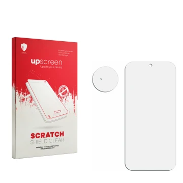 Parte frontal de un envase de producto con el logotipo de la marca upscreen. Al lado está el protector de pantalla correspondi