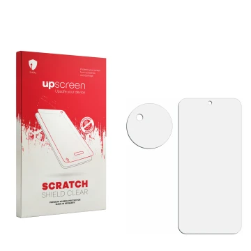 Parte frontal de un envase de producto con el logotipo de la marca upscreen. Al lado está el protector de pantalla correspondi