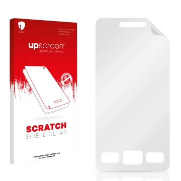 Parte frontal de un envase de producto con el logotipo de la marca upscreen. Al lado está el protector de pantalla correspondi