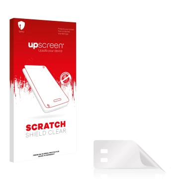 Parte frontal de un envase de producto con el logotipo de la marca upscreen. Al lado está el protector de pantalla correspondi