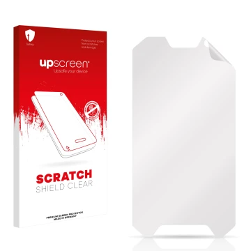 Parte frontal de un envase de producto con el logotipo de la marca upscreen. Al lado está el protector de pantalla correspondi