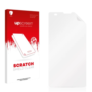 Parte frontal de un envase de producto con el logotipo de la marca upscreen. Al lado está el protector de pantalla correspondi
