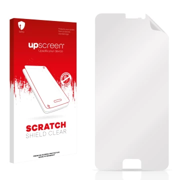 Parte frontal de un envase de producto con el logotipo de la marca upscreen. Al lado está el protector de pantalla correspondi