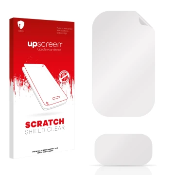 Parte frontal de un envase de producto con el logotipo de la marca upscreen. Al lado está el protector de pantalla correspondi