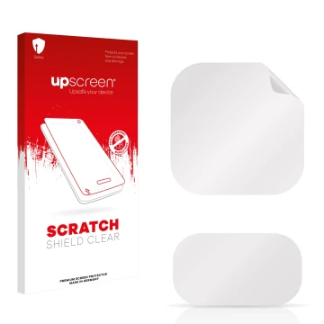 Parte frontal de un envase de producto con el logotipo de la marca upscreen. Al lado está el protector de pantalla correspondi