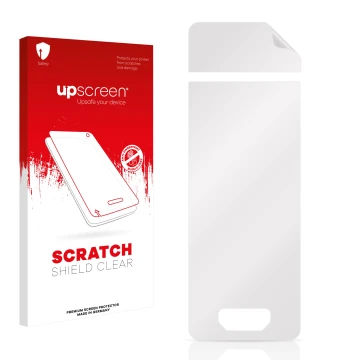 Parte frontal de un envase de producto con el logotipo de la marca upscreen. Al lado está el protector de pantalla correspondi