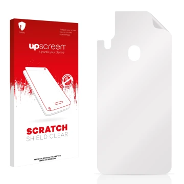 Parte frontal de un envase de producto con el logotipo de la marca upscreen. Al lado está el protector de pantalla correspondi