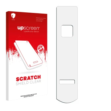 Parte frontal de un envase de producto con el logotipo de la marca upscreen. Al lado está el protector de pantalla correspondi