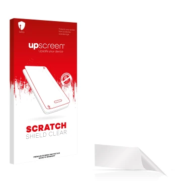 Parte frontal de un envase de producto con el logotipo de la marca upscreen. Al lado está el protector de pantalla correspondi