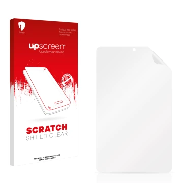 Parte frontal de un envase de producto con el logotipo de la marca upscreen. Al lado está el protector de pantalla correspondi