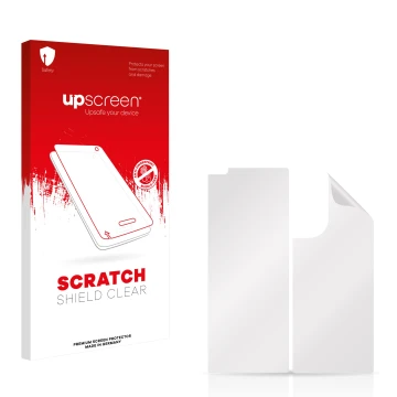 Parte frontal de un envase de producto con el logotipo de la marca upscreen. Al lado está el protector de pantalla correspondi