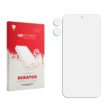 Parte frontal de un envase de producto con el logotipo de la marca upscreen. Al lado está el protector de pantalla correspondi