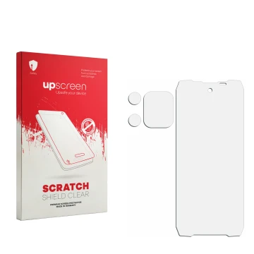 Parte frontal de un envase de producto con el logotipo de la marca upscreen. Al lado está el protector de pantalla correspondi
