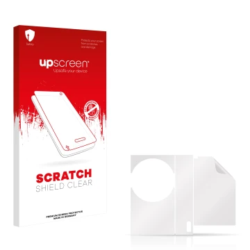 Parte frontal de un envase de producto con el logotipo de la marca upscreen. Al lado está el protector de pantalla correspondi