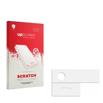 Parte frontal de un envase de producto con el logotipo de la marca upscreen. Al lado está el protector de pantalla correspondi