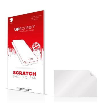Parte frontal de un envase de producto con el logotipo de la marca upscreen. Al lado está el protector de pantalla correspondi