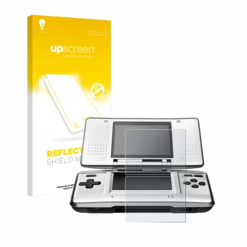 Parte frontal de un envase de producto con el logotipo de la marca upscreen. Al lado se muestra el dispositivo Nintendo DS con