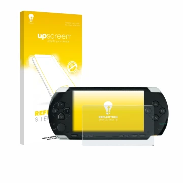 Parte frontal de un envase de producto con el logotipo de la marca upscreen. Al lado se muestra el dispositivo Sony PSP 1000 c