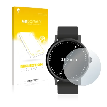 Parte frontal de un envase de producto con el logotipo de la marca upscreen. Al lado se muestra el dispositivo Relojes (Circul