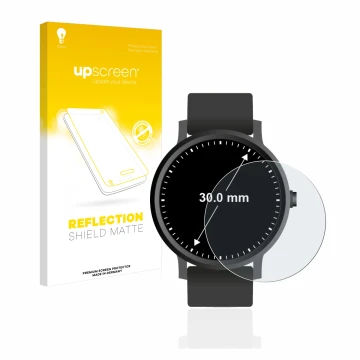 Parte frontal de un envase de producto con el logotipo de la marca upscreen. Al lado se muestra el dispositivo Relojes (Circul