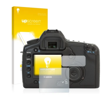 Parte frontal de un envase de producto con el logotipo de la marca upscreen. Al lado se muestra el dispositivo Canon EOS 5D co